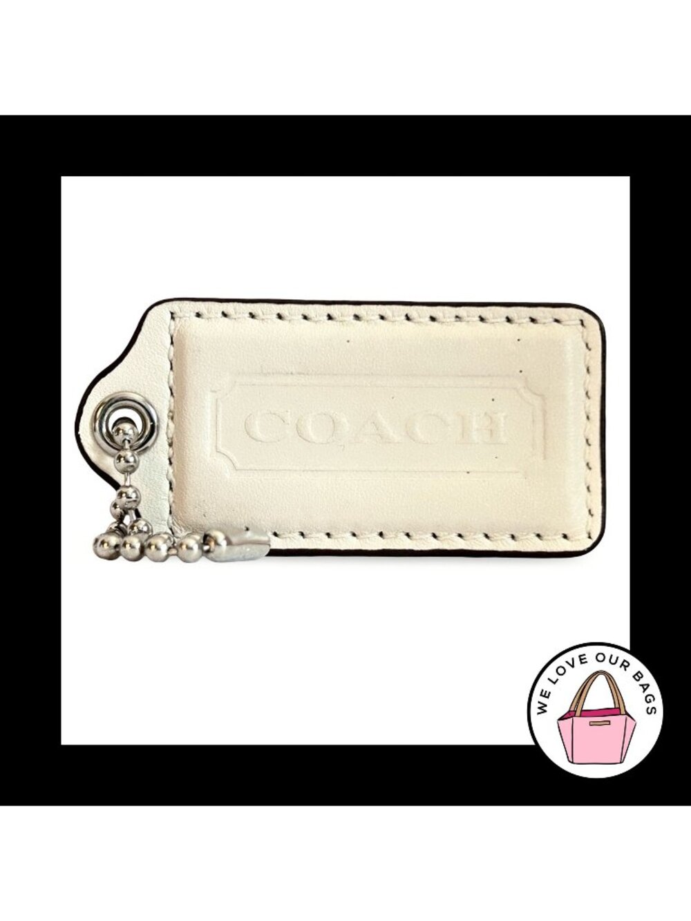 COACH HANG TAG 2.5" White Smooth Leather Bag Charm Keychain Fob Nickel Large
